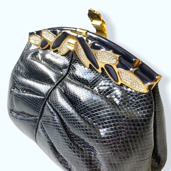 60s- 70s Finesse La Model Snakeskin Navy Blue Clutch Shoulder Bag Gold Hardware - Picture 13 of 15